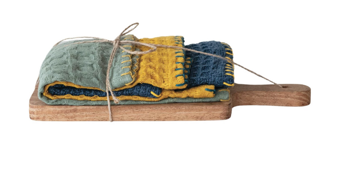 Cotton Waffle Weave Dish Cloths w/ Cheese Cutting Board, Set of 4