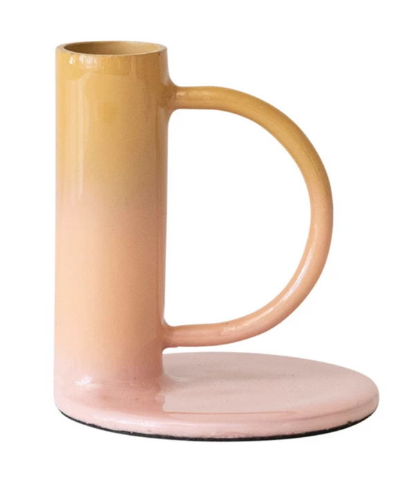 Yellow & Pink Ombre Enameled Metal Taper Holder w/ Handle