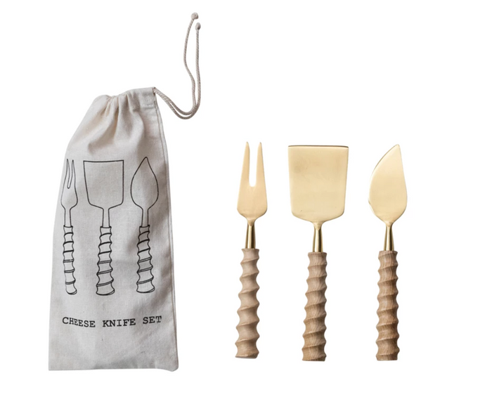 Cheese Knives with Carved Handles, Set of 3 in Drawstring Bag