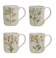 Load image into Gallery viewer, 12 oz. Hand-Painted Stoneware Mug w/ Botanicals, 4 Styles (Each One Will Vary)