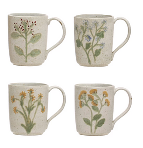 12 oz. Hand-Painted Stoneware Mug w/ Botanicals, 4 Styles (Each One Will Vary)