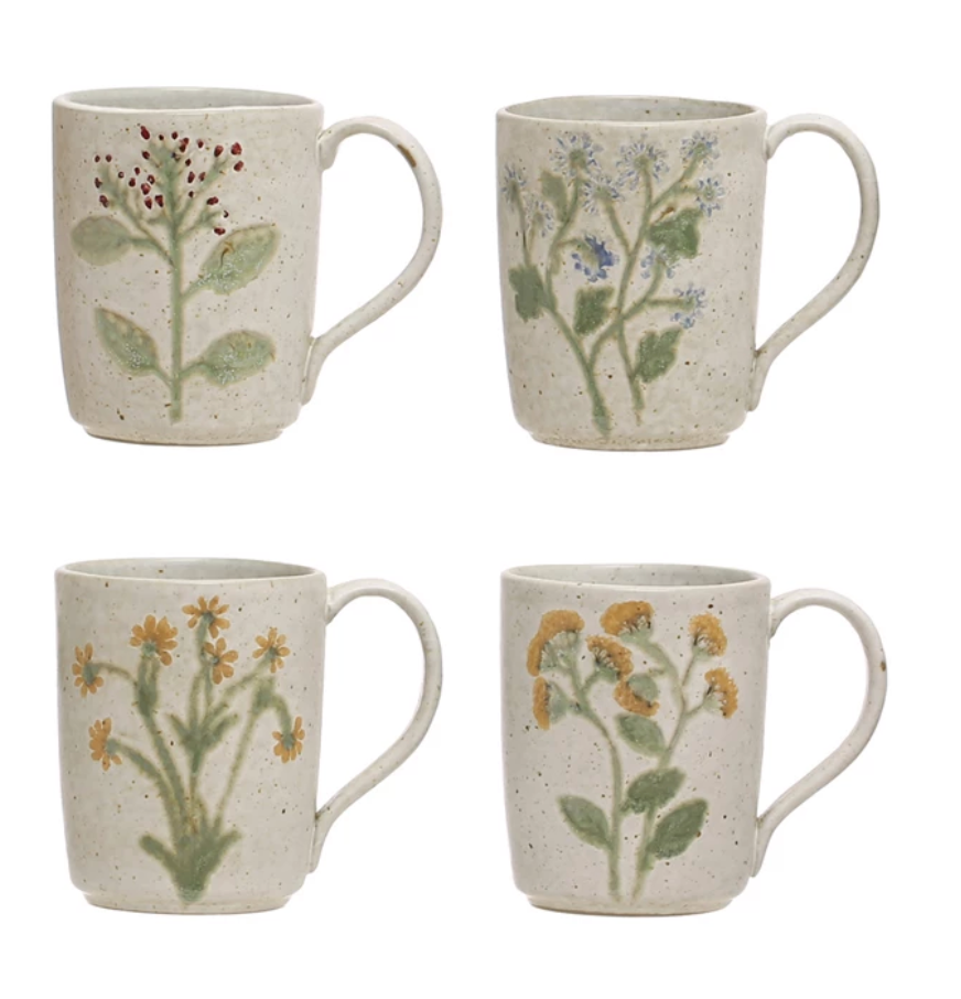 12 oz. Hand-Painted Stoneware Mug w/ Botanicals, 4 Styles (Each One Will Vary)
