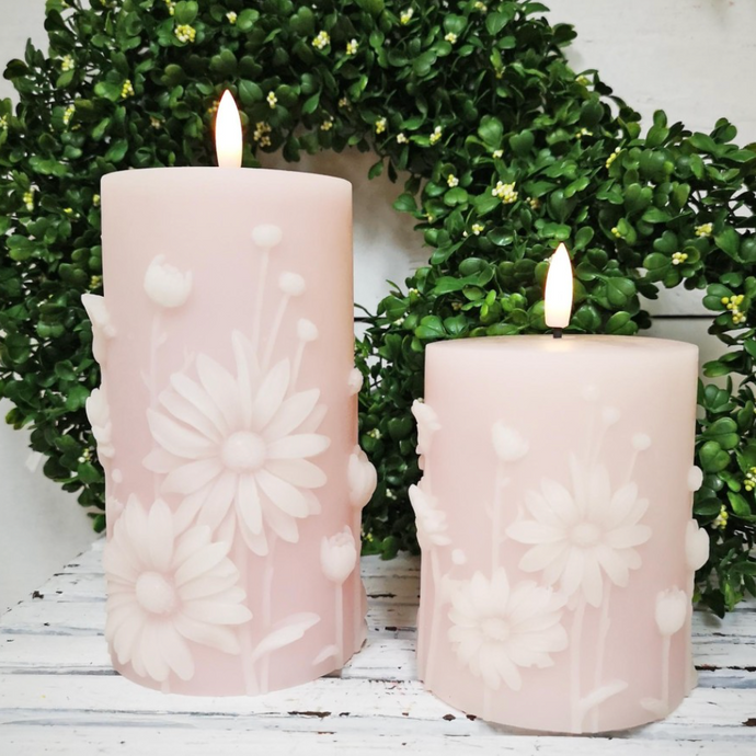 LED Pink DAISY CANDLE, 2 Size Options