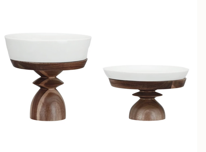 Stoneware Serving Dish w/ Acacia Wood Pedestals, 2 Size Options