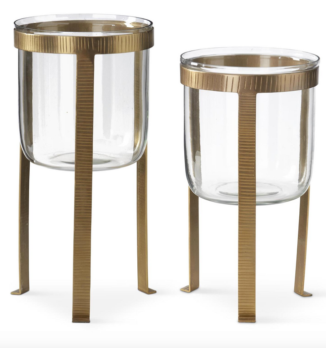 Clear Glass Candleholders on Brass Metal Stand, 2 size options
