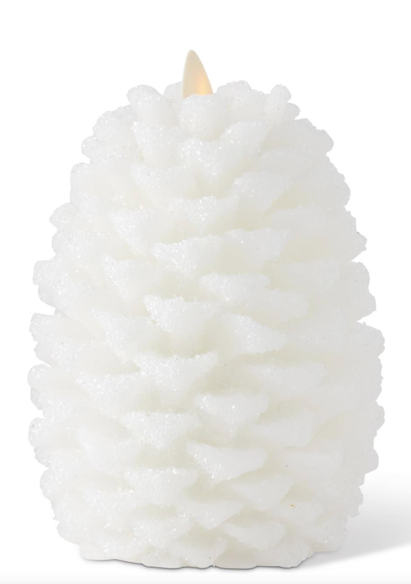 6.5 Inch White Wax Snowy Pinecone Luminara Indoor Candle