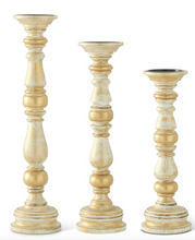 Load image into Gallery viewer, Gold Whitewashed Carved Wood Spindle Candleholders, 3 SIZE OPTIONS