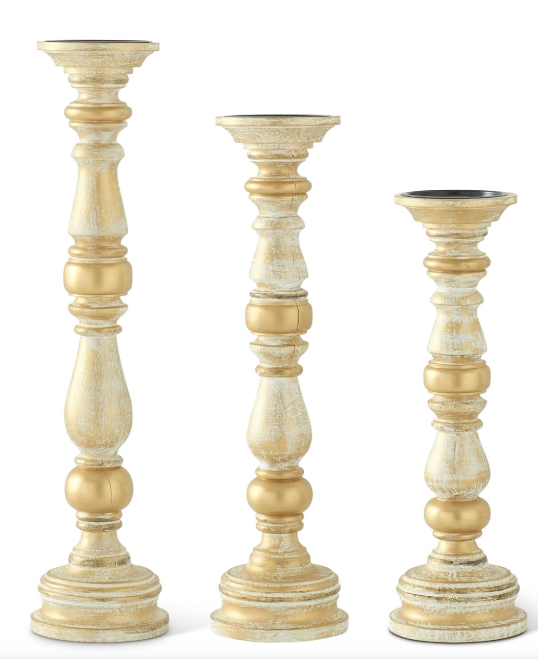 Gold Whitewashed Carved Wood Spindle Candleholders, 3 SIZE OPTIONS