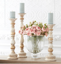 Load image into Gallery viewer, Gold Whitewashed Carved Wood Spindle Candleholders, 3 SIZE OPTIONS