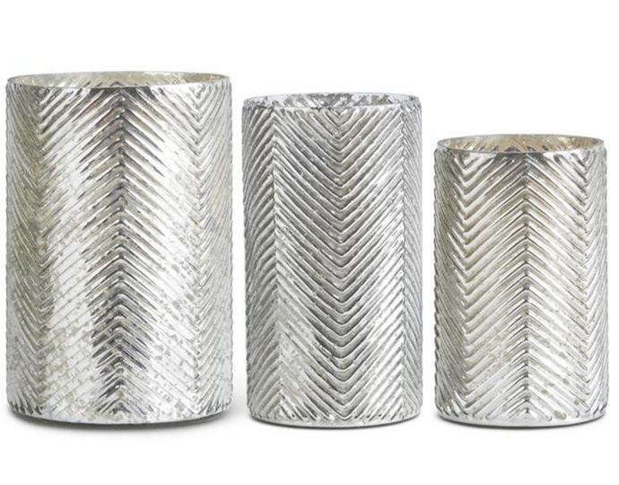 HERRINGBONE EMBOSSED SILVER MERCURY GLASS VASES