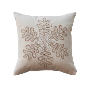 18" Square Cotton Canvas Pillow w/ Embroidered Snowflake & Beads