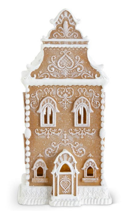 13.5 INCH BROWN RESIN GLITTERED LED GINGERBREAD HOUSE W/TIMER