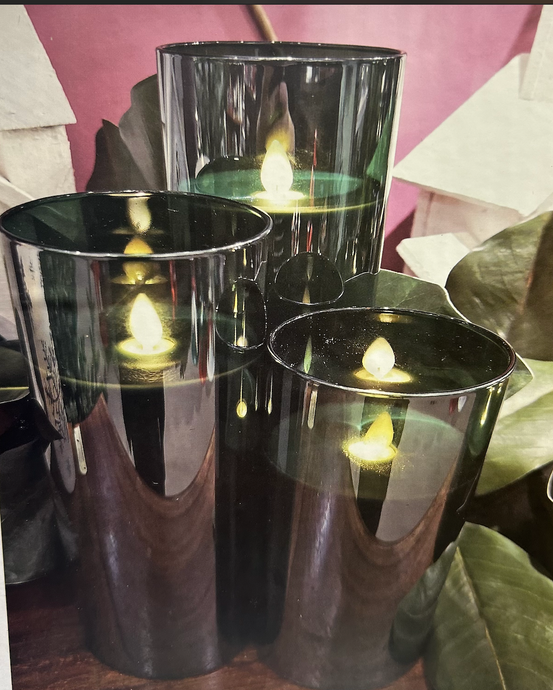 Green Glass Pillar Flameless Candle Set