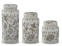 Load image into Gallery viewer, TAUPE &amp; WHITE PORCELAIN CHINOISERIE LIDDED JARS