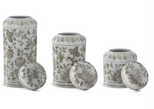 Load image into Gallery viewer, TAUPE &amp; WHITE PORCELAIN CHINOISERIE LIDDED JARS