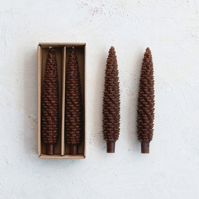 LG Unscented Pinecone Shaped Taper Candles in Box, Brown, Set of 2
