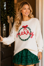 Load image into Gallery viewer, Merry Wreath Knit Sweater with Red Bow – Holiday Pullover