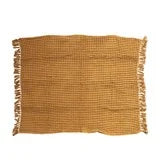 Waffle Weave Throw with Fringe- MUSTARD