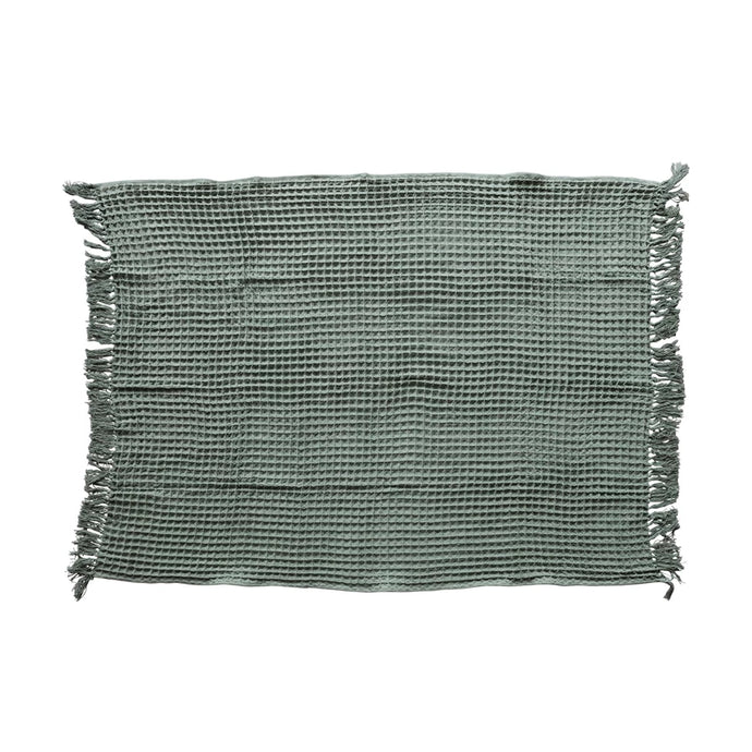 Waffle Weave Throw with Fringe, Green