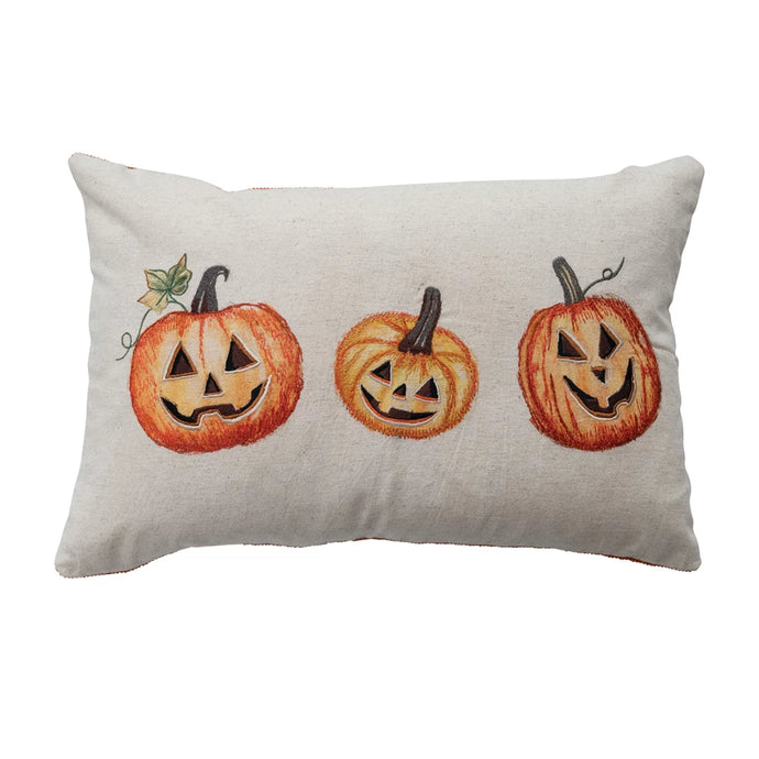 Printed Lumbar Pillow with Jack-O-Lanterns, Embroidery & Corduroy Back