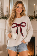 Load image into Gallery viewer, Holiday Plaid Bow Waffle Knit Pullover Top