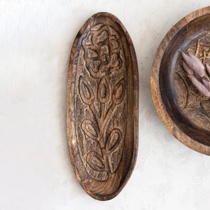 Decorative Hand-Carved Mango Wood Tray w/ Flower,