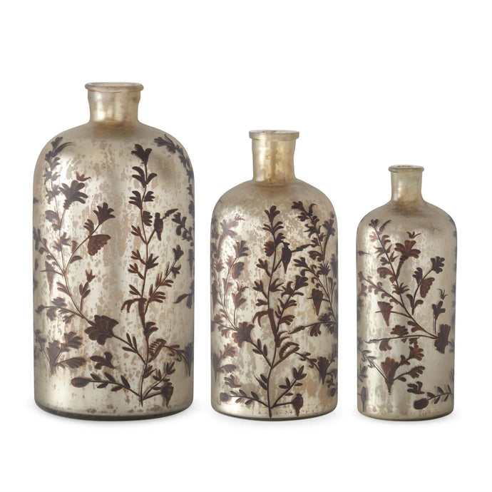 Brown Floral Champagne Mercury Glass Bottles, 3 size options