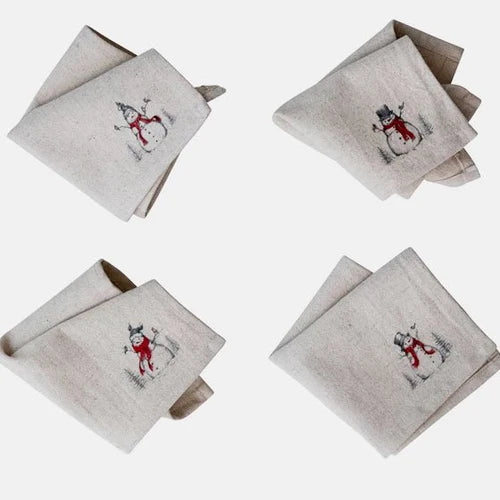 Cocktail Napkins with Snowman & Bird Image, Natural, Set of 4