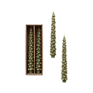 Green Tree Shaped Taper Candles w/ Gold Tips