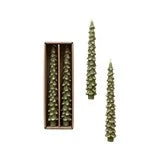 Unscented Tree Shaped Taper Candles w/ Gold Tips in Box, Evergreen Color