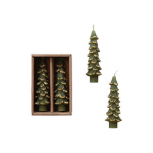 Load image into Gallery viewer, SM Unscented Tree Shaped Taper Candles w/ Gold Tips in Box