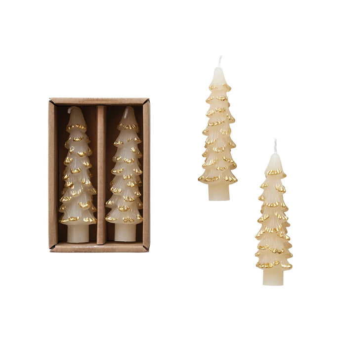 SM Unscented Tree Shaped Taper Candles w/ Gold Tips in Box, Eggnog Color