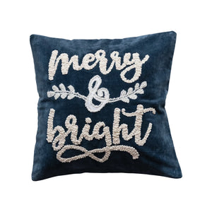 Square Cotton Velvet Pillow w/ Embroidered "Merry & Bright"