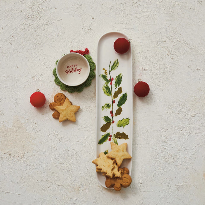 Stoneware Platter & Dish w/ Holly Leaves & Berries 