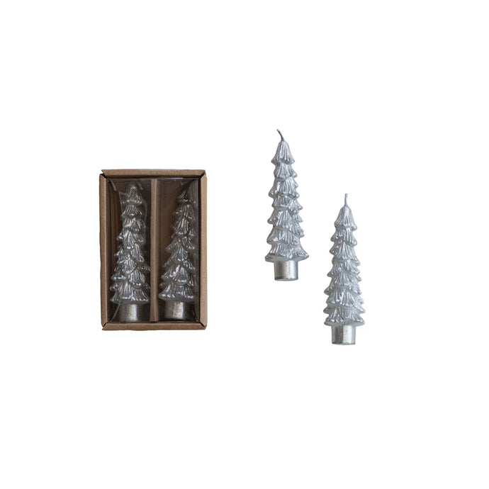 SM SILVER Unscented Tree Shaped Taper Candles in Box, Set of 2