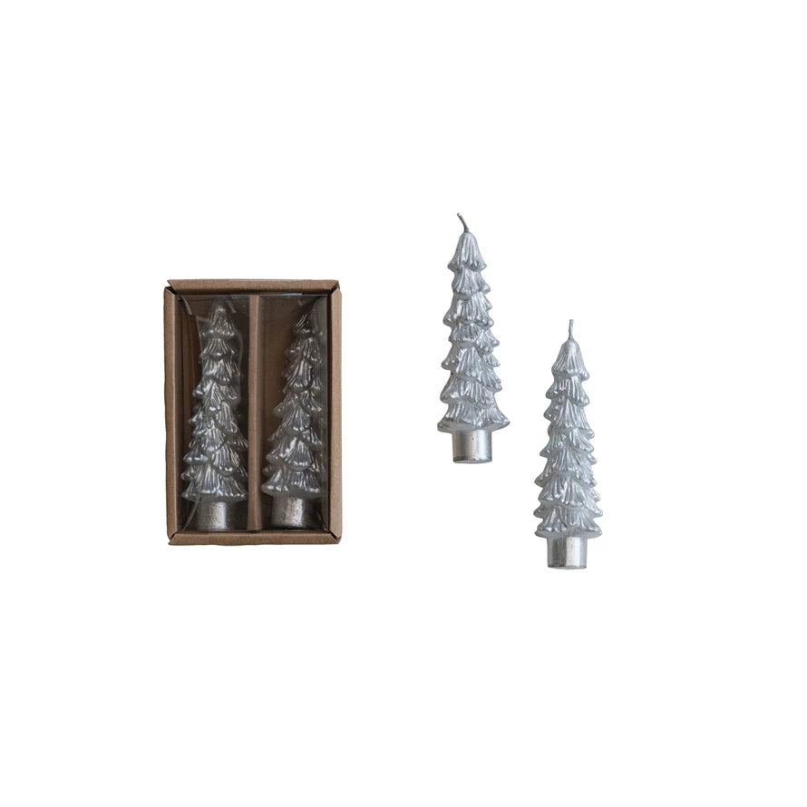 SM SILVER Unscented Tree Shaped Taper Candles in Box, Set of 2