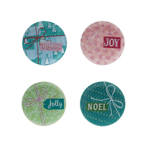 5" Round Stoneware Plate with Holiday Pattern & Word, 4 Styles