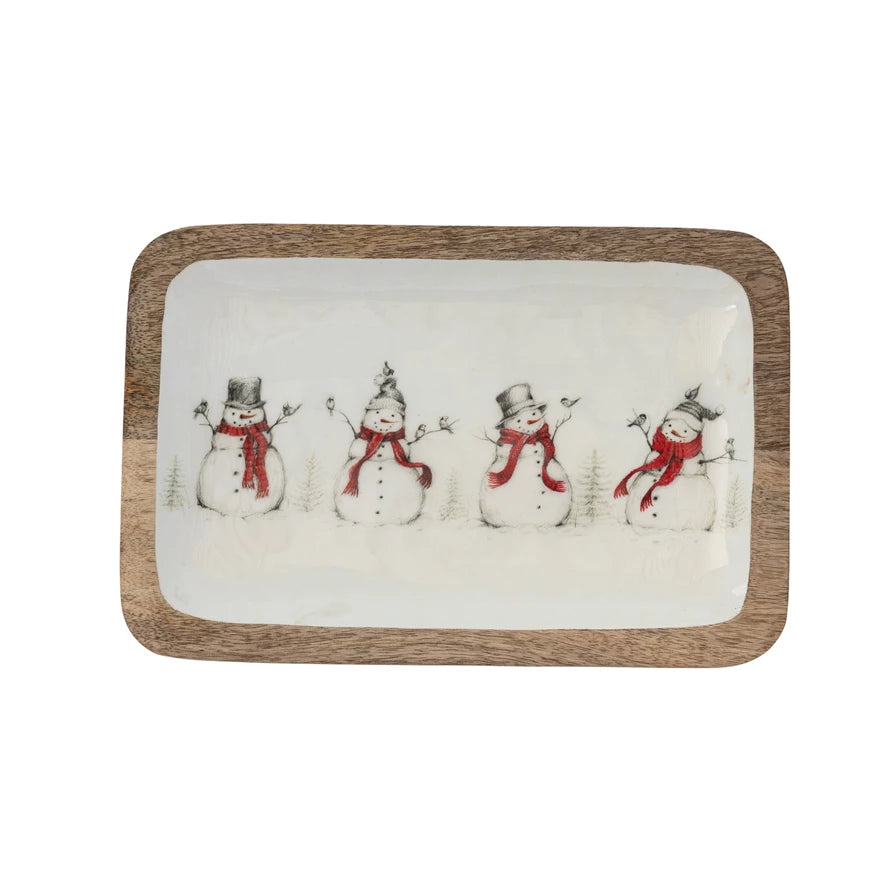 Enameled Mango Wood Tray with Snowmen & Birds Image