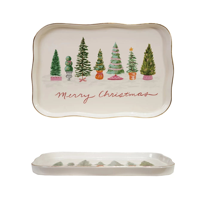 Stoneware Scalloped Platter with Trees & Gold Electroplating