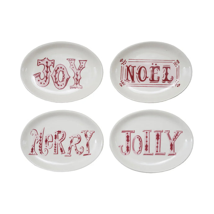 Stoneware Plate with Holiday Word, Pink, Red & White, 4 Styles