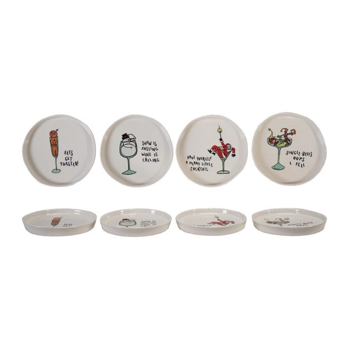 Stoneware Plate with Holiday Icon & Tipsy Saying, 4 Stylesq
