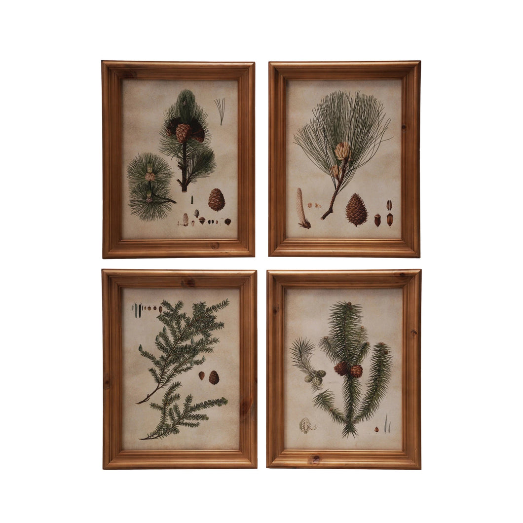 Wood Framed Glass Wall Décor with Pine Bough Print, 4 Styles