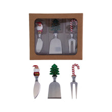 Load image into Gallery viewer, Cheese Knives with Hand-Blown Glass Holiday Icon Handle, Boxed Set of 3