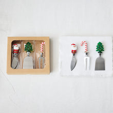 Load image into Gallery viewer, Cheese Knives with Hand-Blown Glass Holiday Icon Handle, Boxed Set of 3