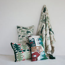 Load image into Gallery viewer, Cotton &amp; Linen Slub Printed Lumbar Pillow with Tree Pattern, Beads &amp; Mini Pom Pom Trim