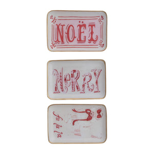 Enameled Metal Tray with Holiday Saying, Image & Gold Edge, 3 Styles
