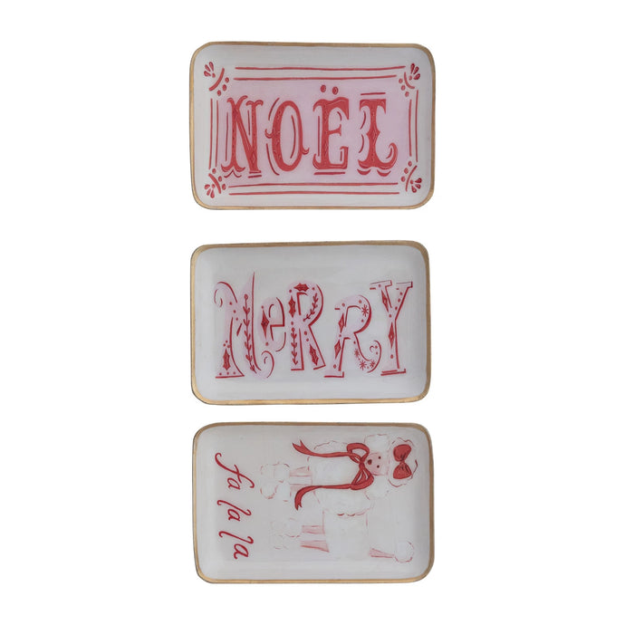 Enameled Metal Tray with Holiday Saying, Image & Gold Edge, 3 Styles