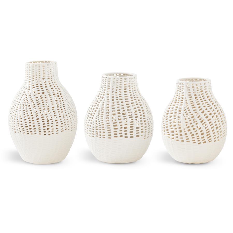 WHITE CERAMIC BASKET WEAVE VASES