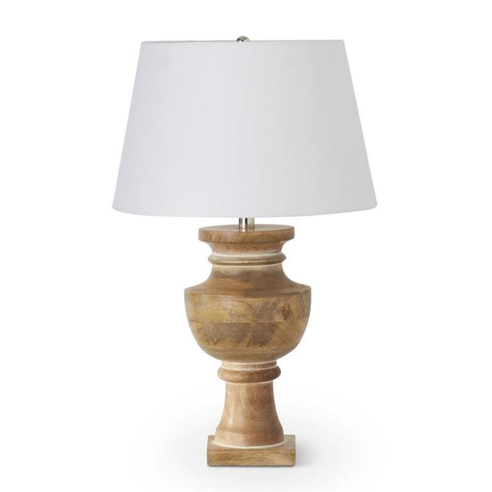 LIGHT MANGO WOOD URN LAMP W/WHITE SHADE