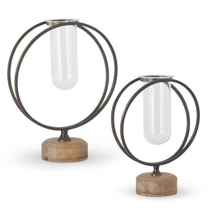 GLASS TEST TUBE VASES IN ROUND METAL FRAME W/WOOD BASES